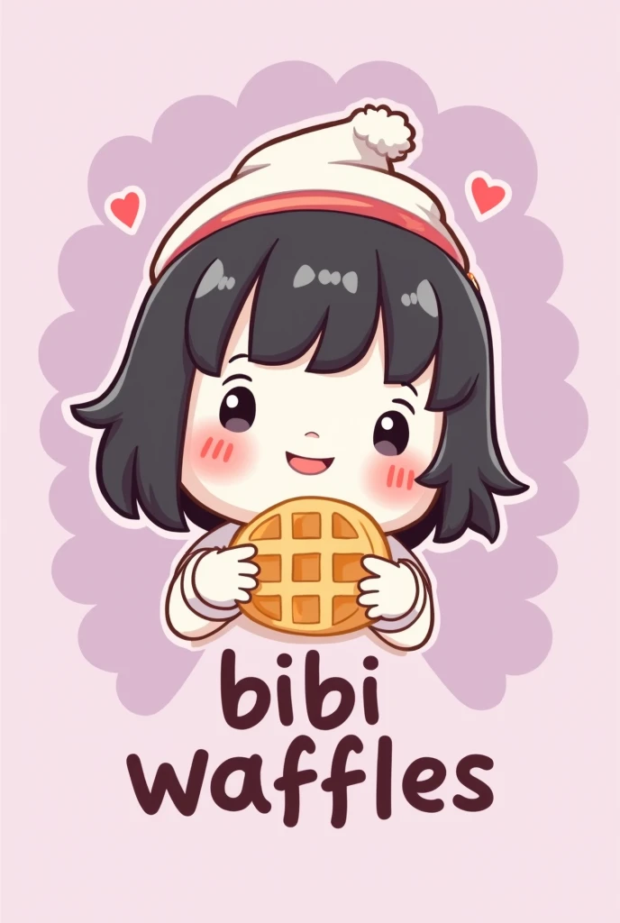 Create a logo with a chubby white girl with shoulder-length black hair and chubby cheeks holding a waffle. Written BIBI WAFFLES, all in lilac pink and purple.