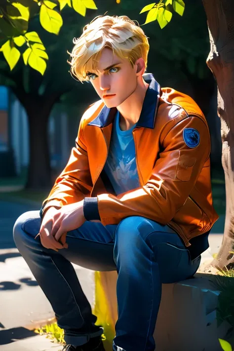 1 college man; age 28; masculine adult; toned and muscular, athletic; cropped neat short blonde hair in a crew-cut; serious blue eyes; fair skin; smug; rugged good looks; strong square wide jaw; broad-chin; wearing a tie-dyed t-shirt, orange leather jacket...