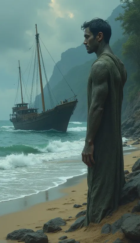 Describe the story of a handsome young Indonesian man who was disobedient to his mother and was eventually cursed to become a crying stone on the edge of a beach and a wrecked boat., thanks to his mother&#39;s prayers, cinematic look, dramatic, Movie poste...