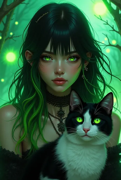 Flowing black and neon green hair, intricate black choker necklace, holding a black and white cat with bright green eyes. The vibrant background features glowing orbs and abstract green patterns, creating a whimsical and enchanting atmosphere. The lighting...