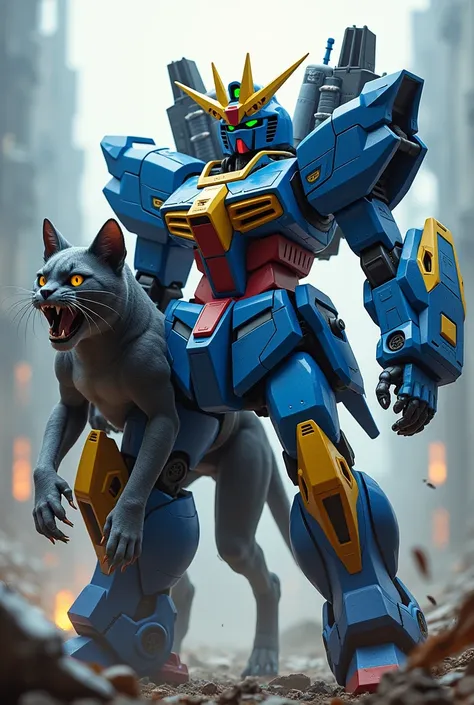 blue yellow gundam cool cat combination with lots of weapons