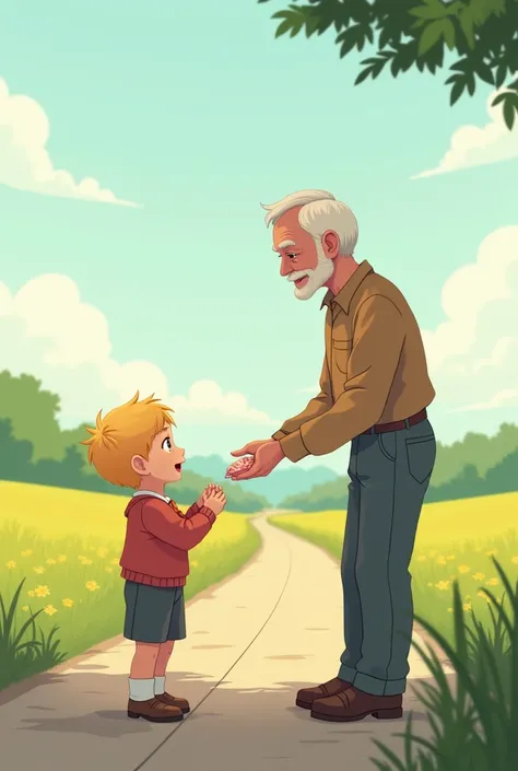 (Animerge flat-2D) A little blond boy next to a man a little older than him, the little boy a little away from the gentleman and looking up a little, the man gives a candy to the  The background in a place in the field behind with a road in front