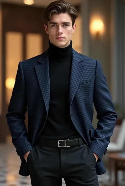 A adult boy were navy blue check blezzeer and black turtle neck with black bell boltam s