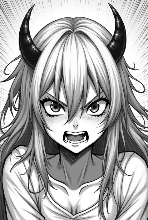 Anime girl, demon, line drawing, angry face