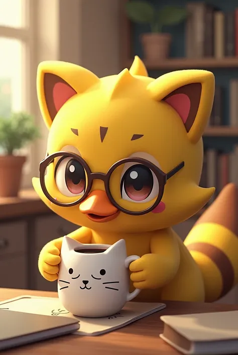 A cute psyduck, female yellow color, Raccoon costume with glasses drinking coffee from a cat-shaped cup 