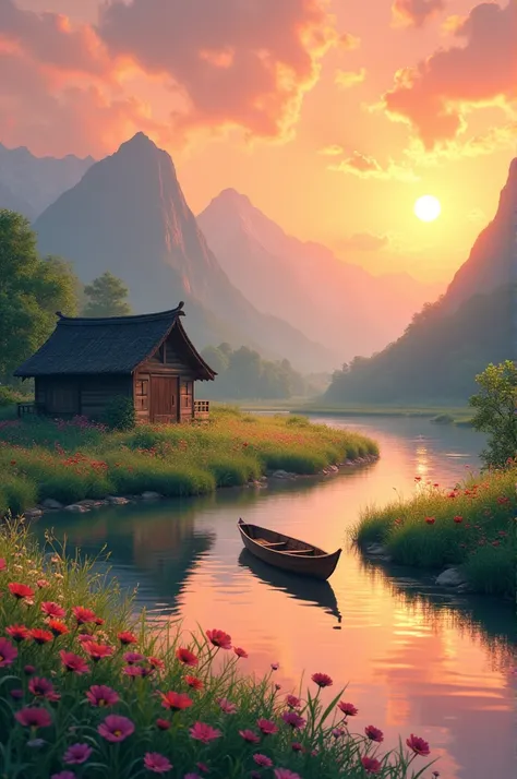 Landscape images of hut,river,boat, flower, sunset, mountain