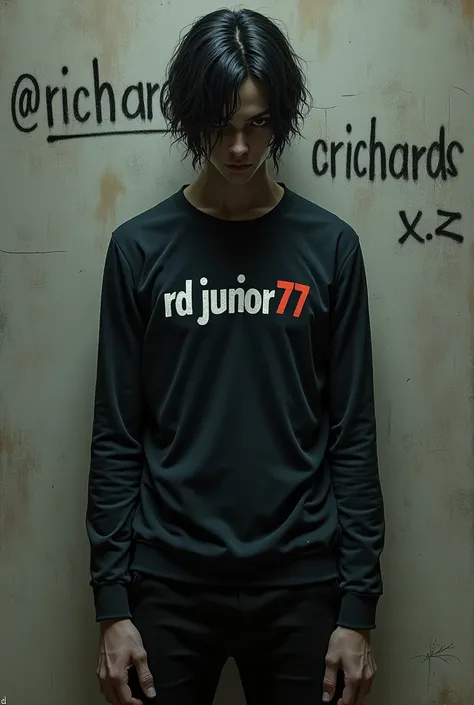 “A dark and thin man” and behind the wall it is written, “@richard_x.z”and on his shirt it says, “rd junior77” in a tight black outfit” with Colombita hair”