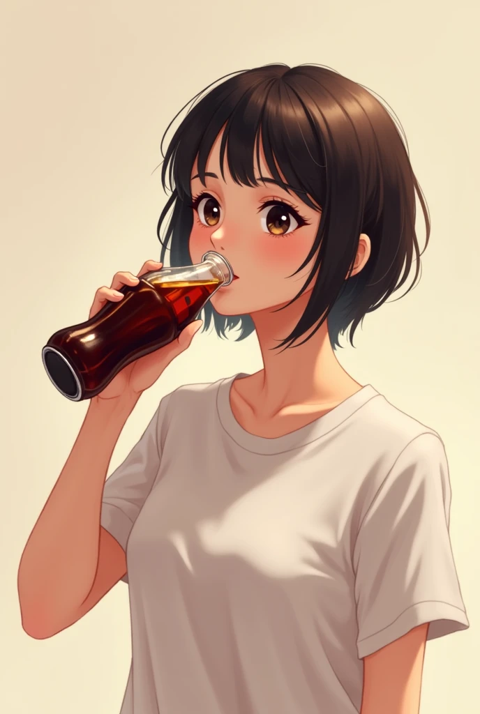 Cola bottle drink girl 
wearing T shirt  short hair