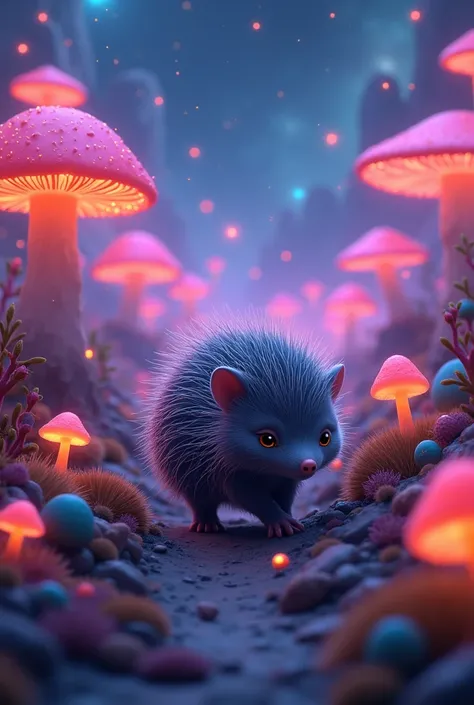 Cute porcupine walking through a cosmic valley of neon glowing mushrooms