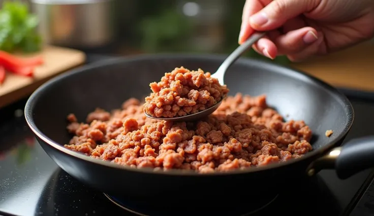 Next, Add the minced meat to the pan. Crumble it with a spoon and cook until golden., between 5 and 7 minutes. You want to make sure it is evenly cooked..