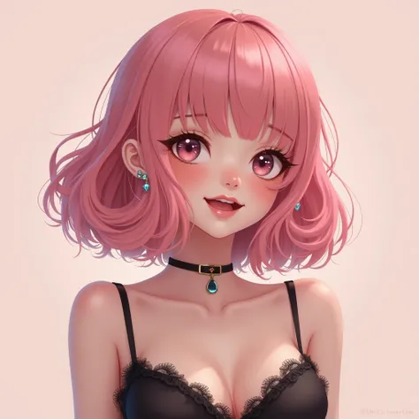 One girl, smile, Textured skin, Bob Hair, Disheveled Hair, Crystal Earrings, Blushing, Open your mouth, Mischievous, Pink Hair Color,In underwear、Her underwear is black and frilly,Fluffy hair,Pale skin