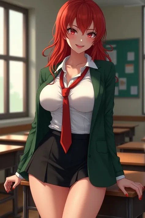 (masterpiece), best quality, expressive eyes, perfect face , A sexy smiling busty tomboy red hair schoolgirl with the skirt to the knees  , without underwear , open white blouse showing her nude tits ((topless)), red lips , smiling , seductive look , full ...