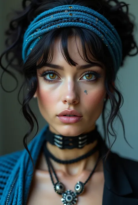 Create an image of a woman who looks like Alessandra Megrini. She will have a blue terere in her hair, adorned with little stones that decorate the black threads. She has piercings on her breasts, intimacy,  へそ, language, and nose.