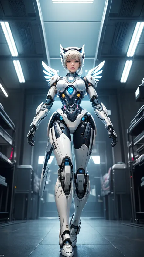 tmasterpiece, high high quality, A high resolution, high textured, 8k, HighDynamicRange，Mechanical style，white theme，(1 cyborg Lolita，anatomy correct，full bodyesbian，standing on your feet，Front view，Woman in futuristic outfit, Beautiful and complex robot c...