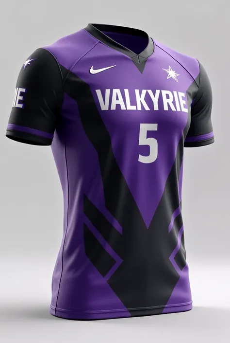 Make an man-sports jersey t-shirt with a VALKYRIE name and number on it.The design should be simple and the color is purple,black, white.the photo of jersey should have back and front