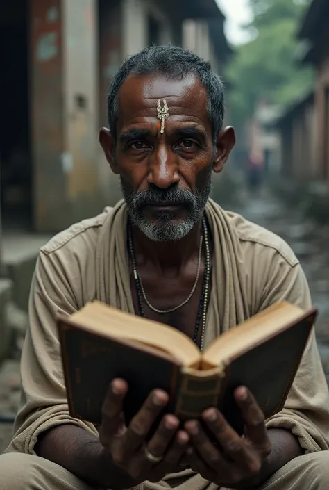 Make a photo in which there is a person who is black, thin, like a beggar with a Tilak on his forehead and a book in his hand 