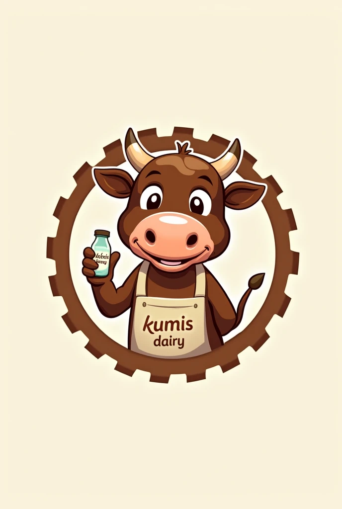 A logo that shows a cow with an apron and the logo is serrated in a circle and the cow has a small glass bottle and the name of the project or product is Lácteos el lechero kumis that on the bottle says kumis dairy and on the dairy apron the cow is animate...