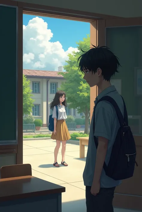 A  male student, shy to leave the classroom, with short black straight hair. In the distance there is a court where a  student is, beautiful with dark wavy hair and light skin.