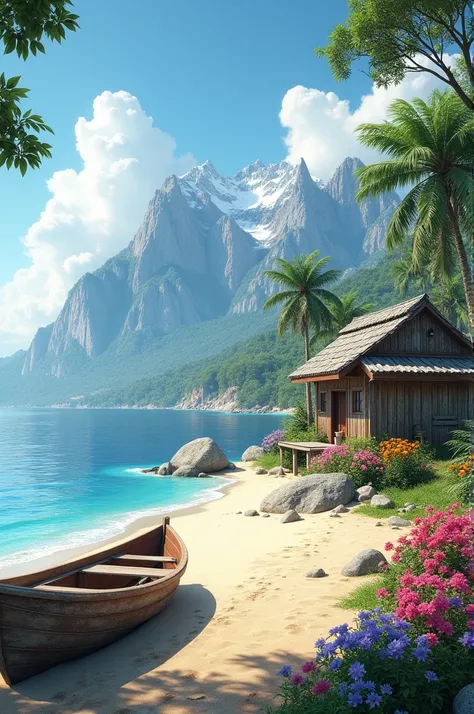 Landscape images of beach, hut, mountain, flower,boat