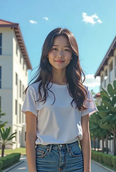 Calm Cambodian university student beautiful girl with white t-shirt and blue jean standing full body in front of her university under nice blue sky