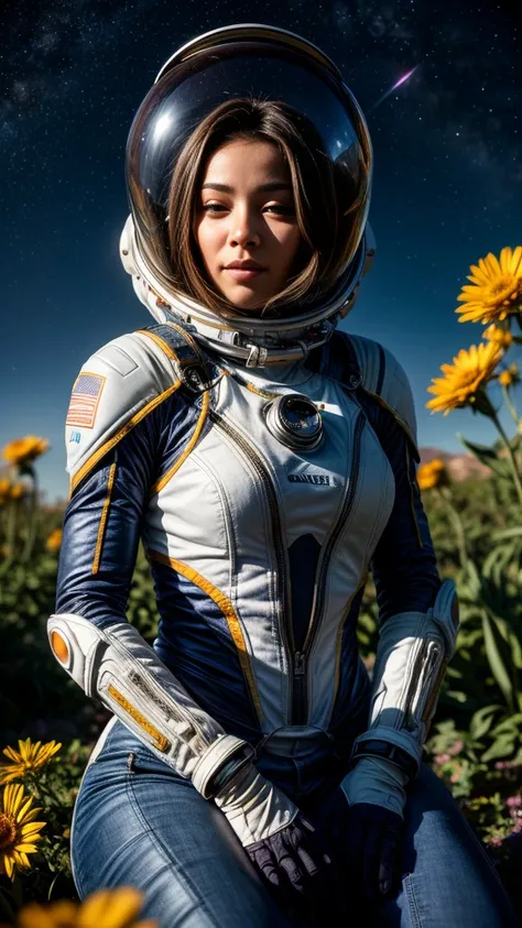 portrait of a female astronaut wearring a futuristic spacesuit , sitting in a breath taking garden full of vibrant flowers bloom, butterflies flying around in a cinematic scene on mars planet.
the suit helmet reflects the warm sunlight, above a mesmerizing...