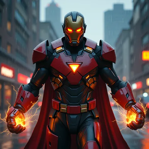 Iron Man suit with a goalie hockey helmet, nighttime, rainy, Vancouver Canada, rtx, octane, unreal, black suit with red and orange colours, red eyes, triangular arc reactor, Black helmet, with Red and Yellow accents, battle pose, pronounced shoulder pads r...