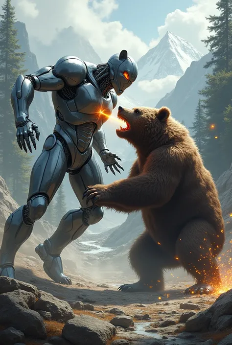 Create an image of Atom from real steal fighting a grizzly bear 