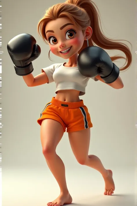 create a woman, round face, brown eyes with eyeliner, small nose and big beautiful smile, your hair is caramel, long and voluminous, is tied with a ponytail and a braid, wears a t-shirt and is wearing black boxing gloves, is wearing short orange shorts, hi...