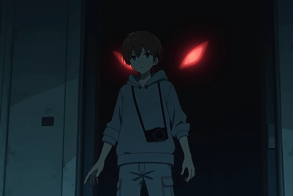 this is horror anime

this is only the appearance: Max is an 18 year highschool student brown hair and blue eyes. He has a slender frame and often spotted wearing a hoodie paired with baggy pants while having his camera casually slung around his neck. 

th...