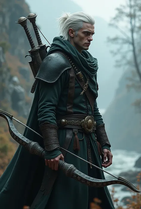 Half-vampire human ranger, white hair, red eyes, wielding a crossbow, has two swords at his back