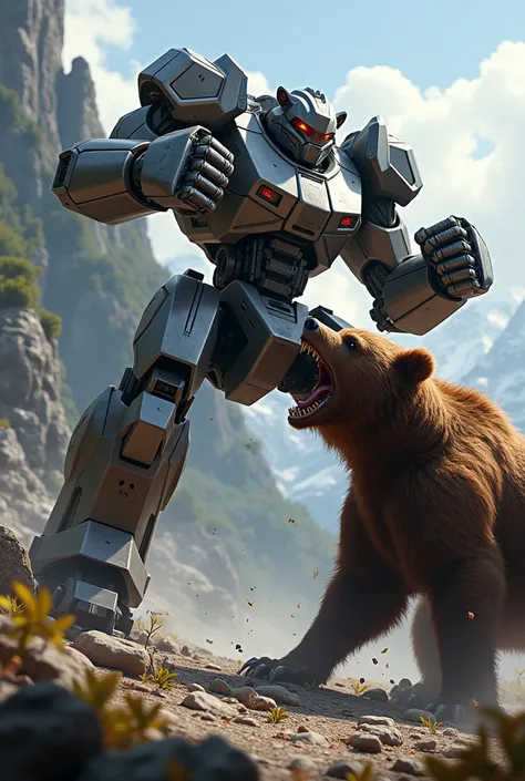 A mech uppercutting an bear