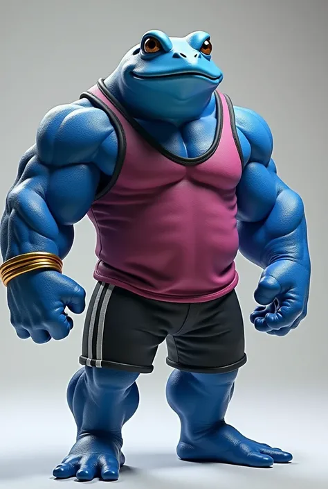 Muscular humanoid blue frog in black and pink tank top, black and light gray striped shorts, gold bracelet