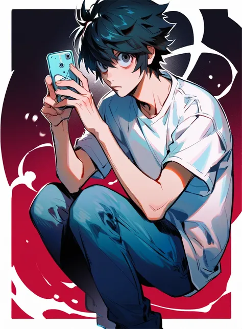 L from Death Note is a thin young man, with messy black hair, big eyes and dark circles. He always wears a simple white t-shirt and jeans., and has a peculiar hunched posture. With a cell phone holding it with both hands