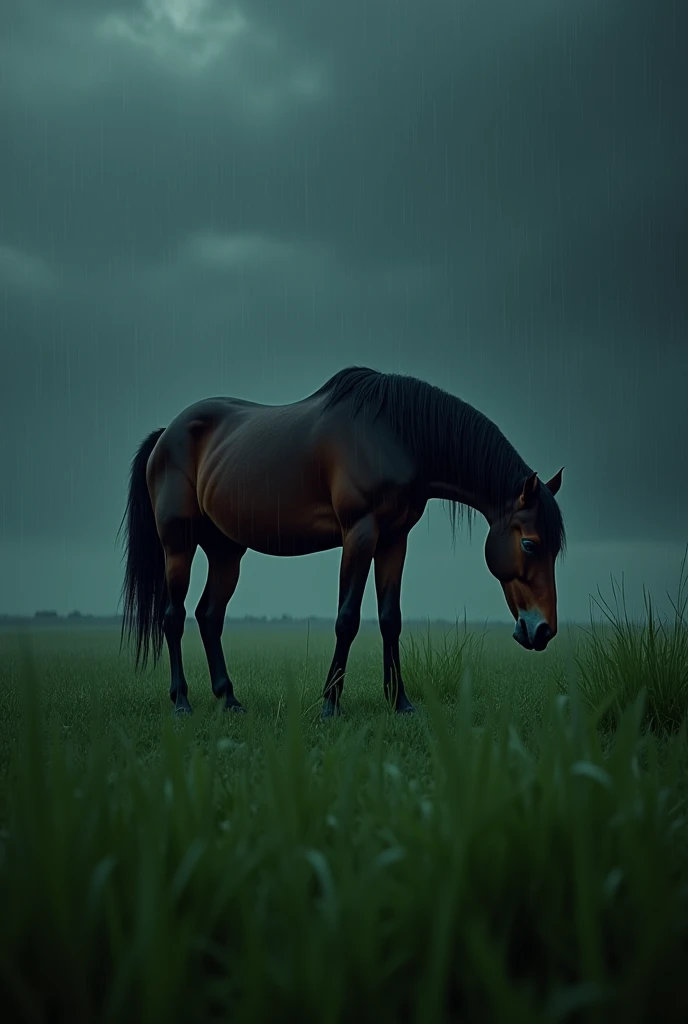 "A surreal and cinematic scene with a man’s head on a horse’s body. The horse is grazing on lush green grass. The background is dark with black skies, creating a moody, cinematic feel. Its rainy weather, and raindrops are gently falling. The scene has a st...