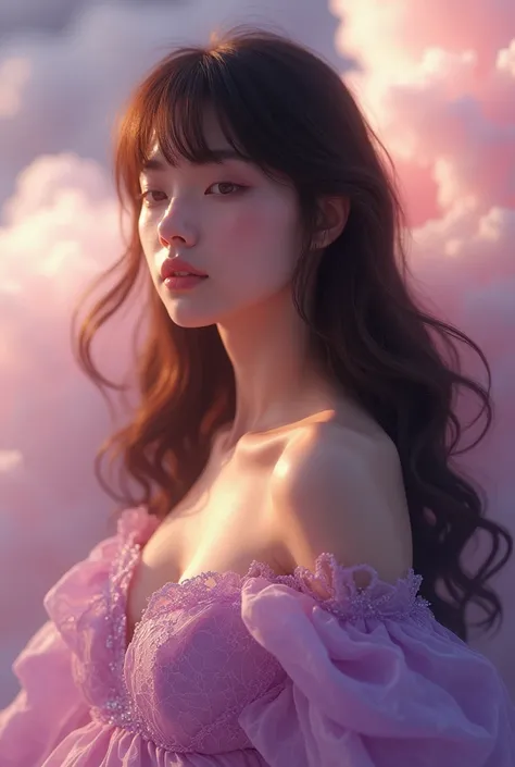 Photo realism of a just woke up goddess wearing purple-pink shining gown with long brown hair with bangs  and clouds background closeup more cute 