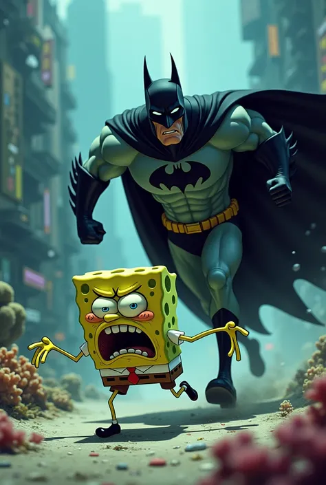 Squidward running away from Batman 