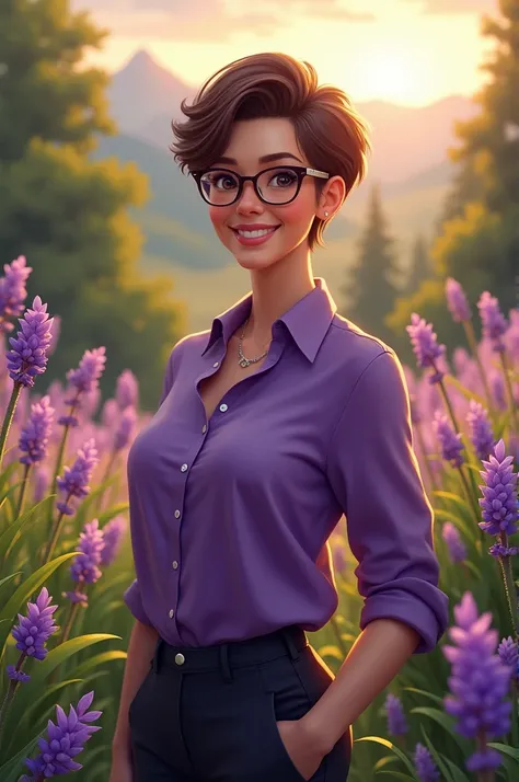 Realistic, beautiful 35 years woman short pixie brown hair thin smile wearing eyeglasses purple shirt and dark pants standing on purple flowers garden, trees and mountains on the background, rising sun morning