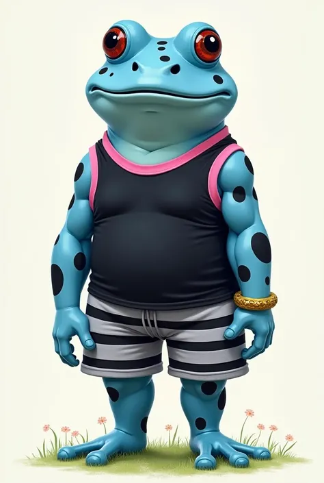 Blue frog with black spots humanoid with black and pink tank top, black and light gray striped shorts, gold bracelet