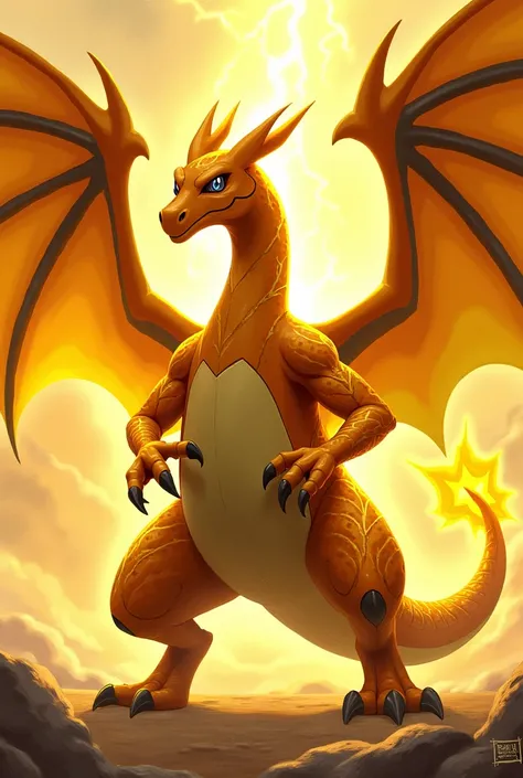 Create a full-body yellow and black Charizard, changes from fire type to electric type, abstract yellow background with rays