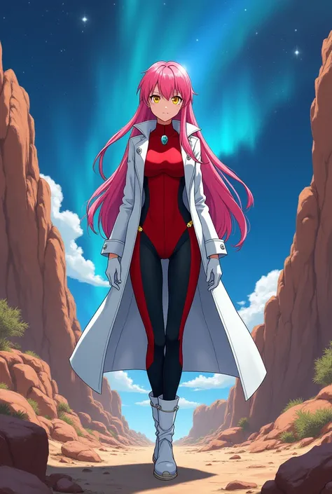 Purple female humanoid, long pink hair, yellow eyes, tight red clothing, white overcoat, black pants, white boots and gloves, brown rocks on the ground, blue nebula in the background, full body view, 90&#39;s anime style, desaturated colors, many hatches, ...