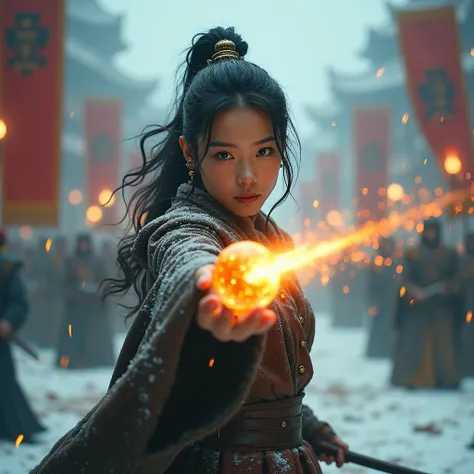 intensely focused steampunk Asian_woman warrior, ((delicate facial features, porcelain-skinned, ponytail, a fusion of young Marion Cotillards striking eyes and young Anne Hathaways introspective gaze)), with curly hair hurling a burning meteorite from her ...