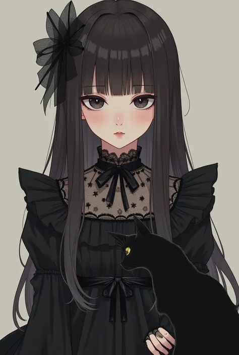 Anime girl with black eyes, long dark brown hair with straight bangs, She is wearing a Victorian Gothic Lolita dress, She is looking at a black cat that is in front of her