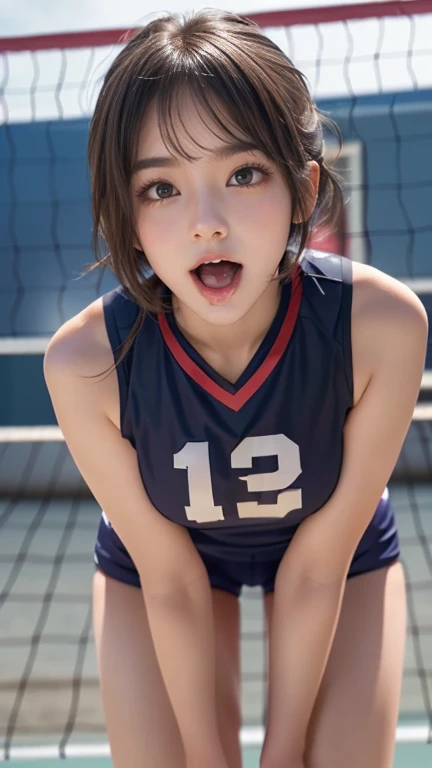 (((Best Quality))), ((masterpiece)), (detailed), ((solo)), (((((((An 1 high school girl wearing a volleyball uniform))))))), tall, ((White skin)), ((((Angle of view that includes face and whole body)))), (((Well-formed face))), ((Big Eyes)), ((((((((Droopy...