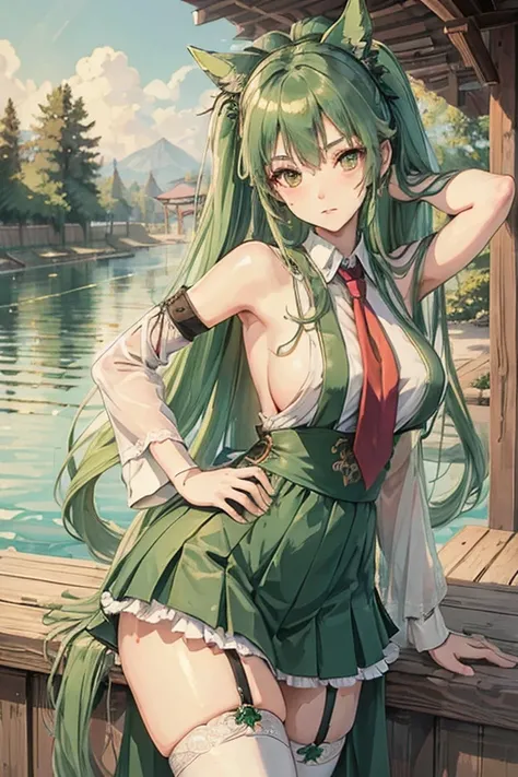 ((Best Quality)), ((masterpiece)), (detailed), Perfect Face, girl, Green Hair, Long Hair, Thigh High Priest, Shrine maiden, Garter belt, Poolside Theme, Hands on hips, Long skirt, Tie your hair up, bunny girl