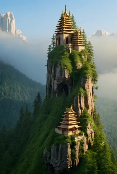 a temple built on top of a steep cliff shrouded in mist. high resolution., masterpiece, best quality, high detail, high-resoluti...