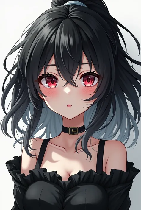 Create an anime avatar of a Anime girl hot looking,  black and white colur mixed hair, red eyes..  Use the style of anime or Studio Ghibli.