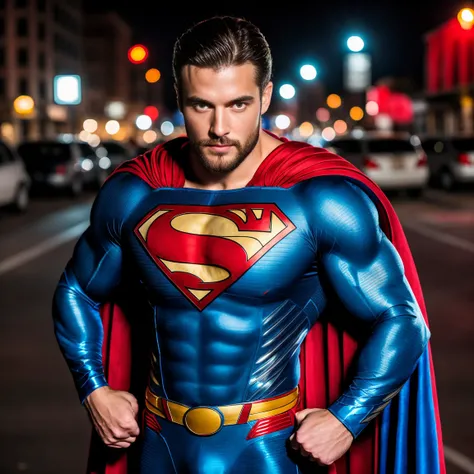 1 muscular man in a Superman suit, long red cape, 30 YEARS，small beard, Sexy and charming expression.，gloomy eyes，Blue eyes, with arms crossed on the street of a destroyed city, NY, At night, sharp focus, well balanced exposition.