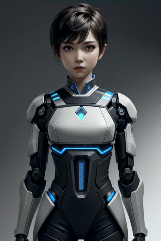 ((masterpiece, best quality))
 dkara, a robot humanoid girl, short tomboy pixie cut hair, black hair, robot humanoid body, gray ...