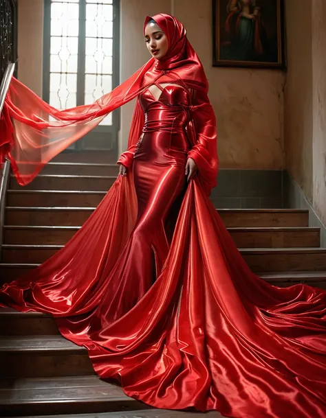 a woman shrouded in a 10-meter-long,woman plush red semi transparent satin shimmer cloth, tightly bound and grandly draping alon...