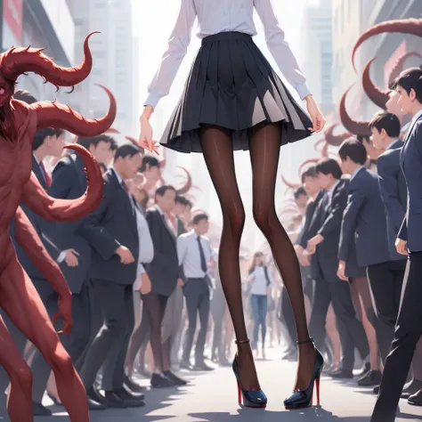 skinny skinny girl. in a shirt skirt. in pantyhose. in heels. ,kicks , against a crowd of demons